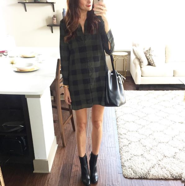 The Miller Affect in a olive and black BBDakota plaid shirt dress and black suede ivanka trump booties