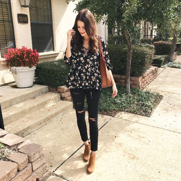 The Miller Affect wearing tan wedge suede booties and black distressed skinny jeans