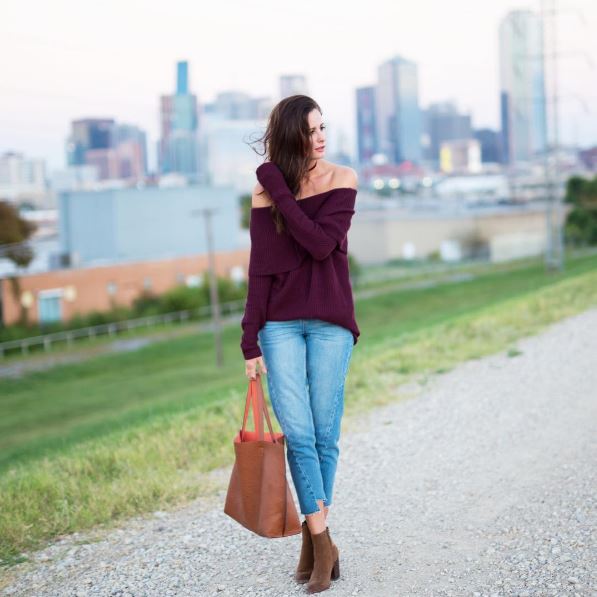 The Miller Affect in some tan suede booties and a burgundy off the shoulder oversized sweater