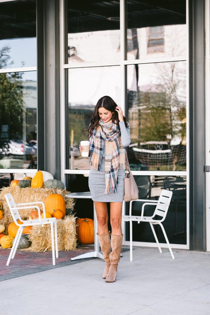 The Miller Affect wearing a grey bodycon dress and a plaid tan scarf from Nordstrom