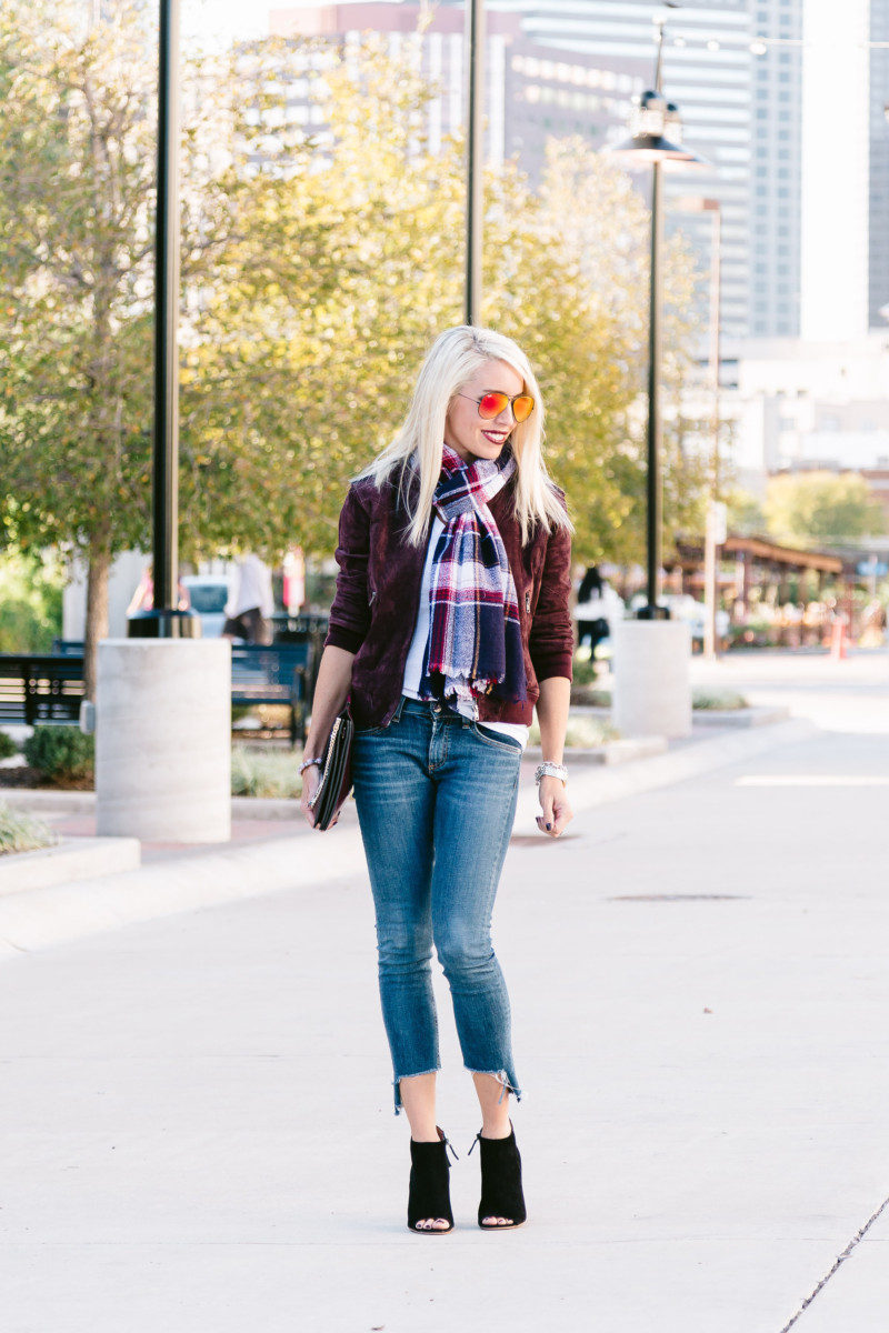 Jaime Shrayber wearing a purple plaid scarf and black open-toe booties