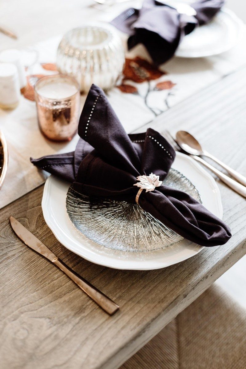 Purple napkin and rose gold utensils for Thanksgiving tablescape