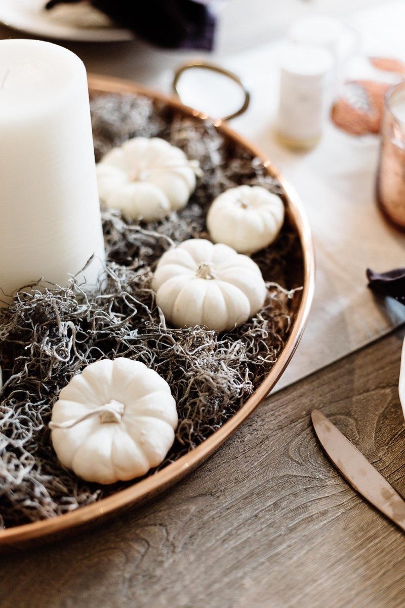 Copper Tray and mini white pumpkins for Thanksgiving tablescape