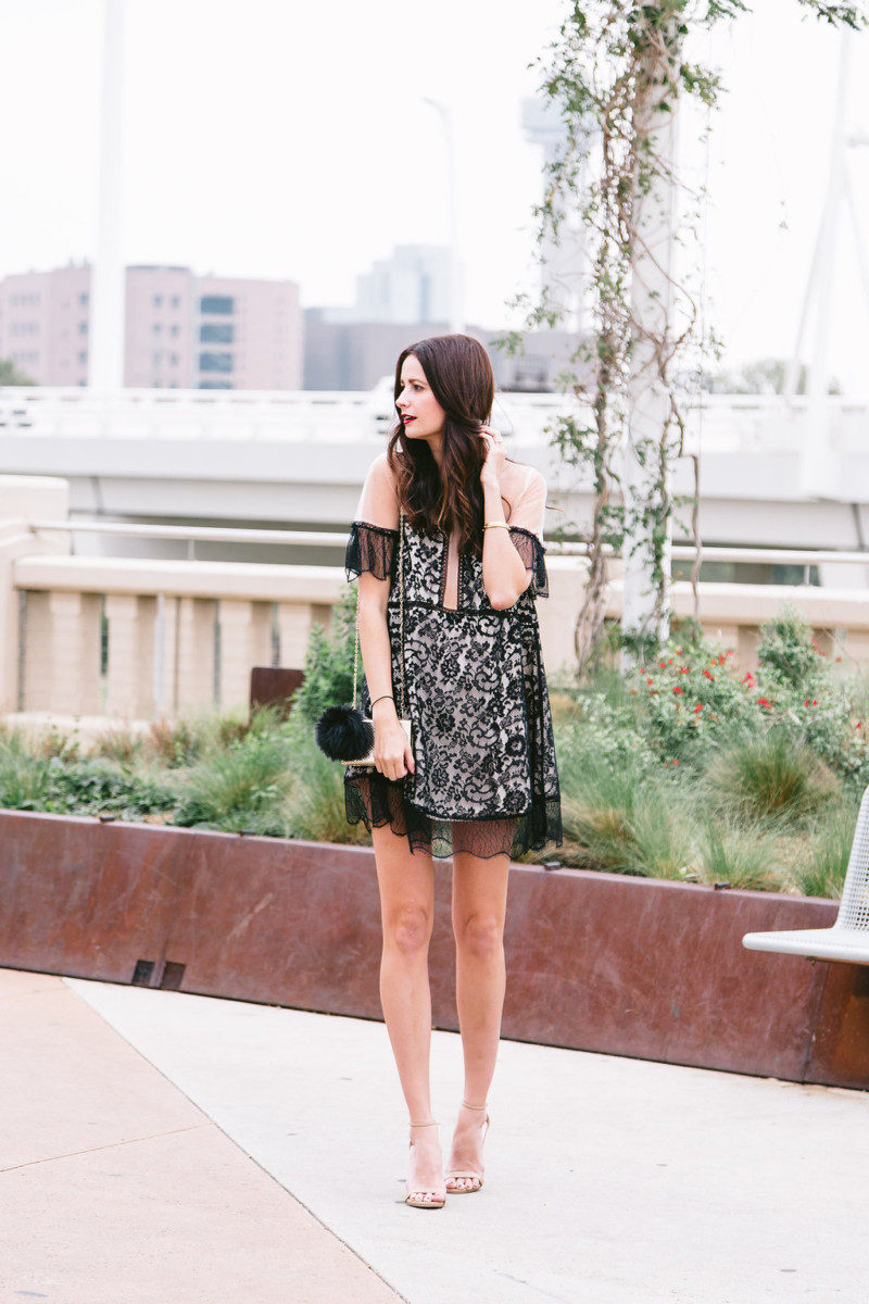 The Miller Affect wearing a black lace kendall & Kylie dress and the perfect nude heels