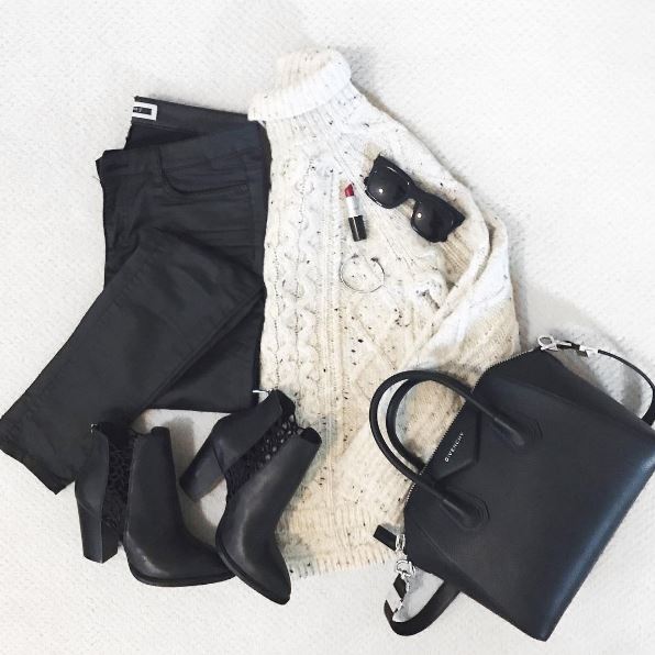 marled cable knit sweater, black small givenchy tote, black lace up booties, black leather pants, black celine sunglasses