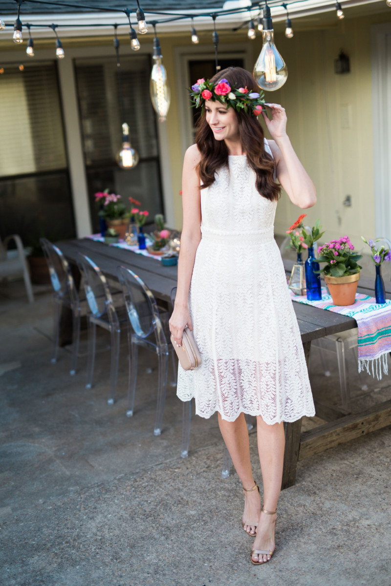 white dress and nude shoes