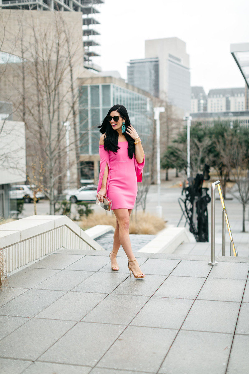 Gal About Town wearing a pink off the shoulder dress from Nordstrom