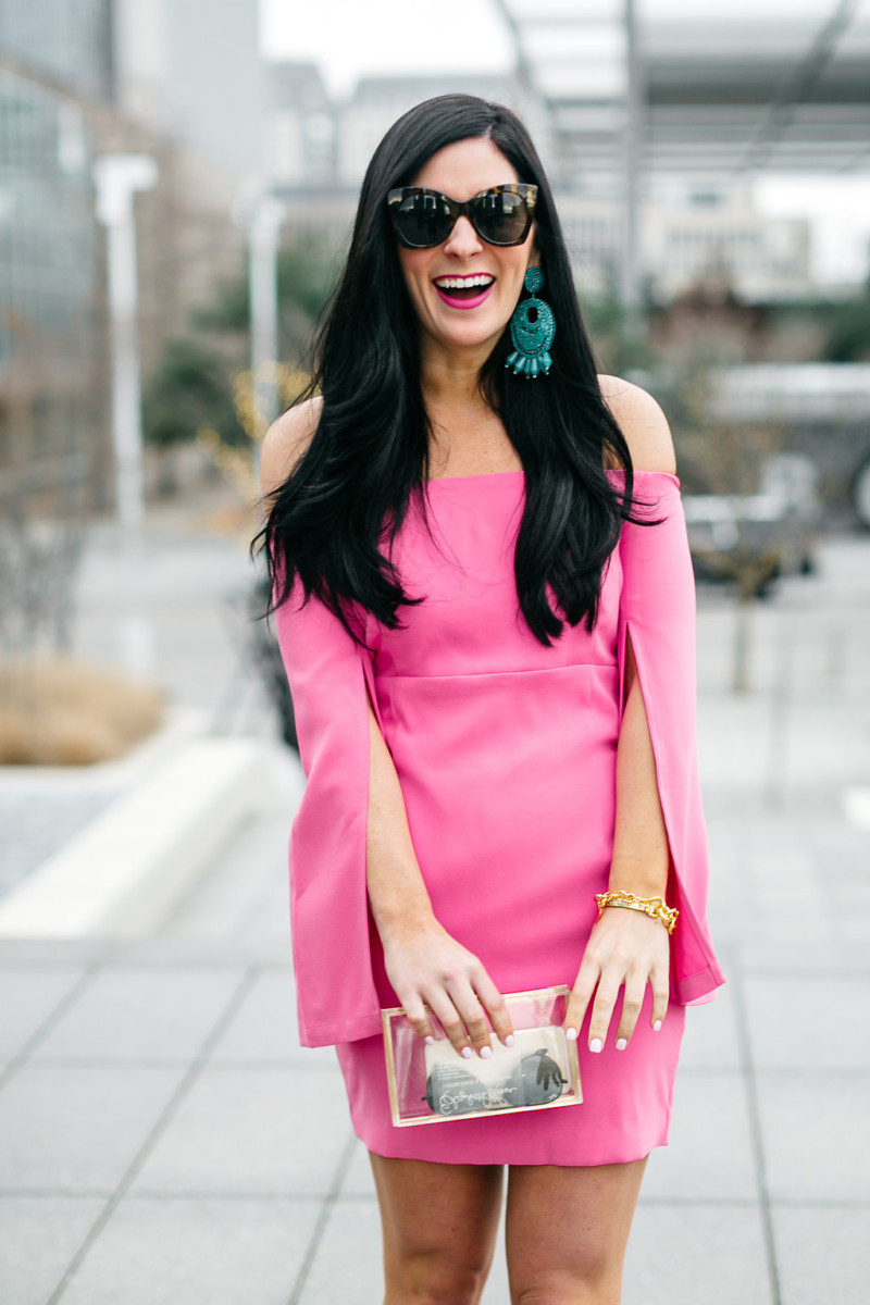 Lynlee Poston wearing a pink off the shoulder dress and kenneth lane earrings