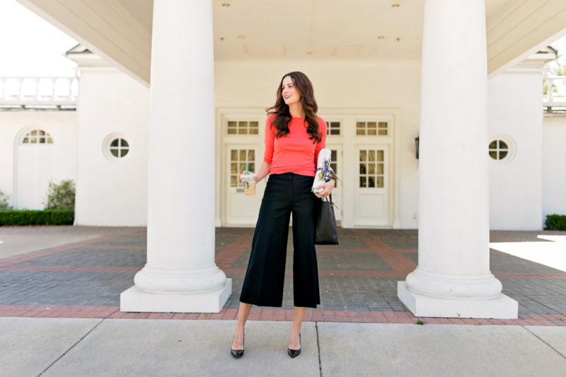 The miller Affect wearing black wide leg marina pants from ann taylor
