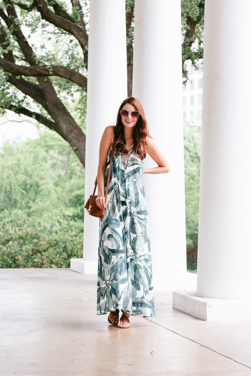 The Miller Affect wearing a lace up palm print maxi dress from show me your mumu