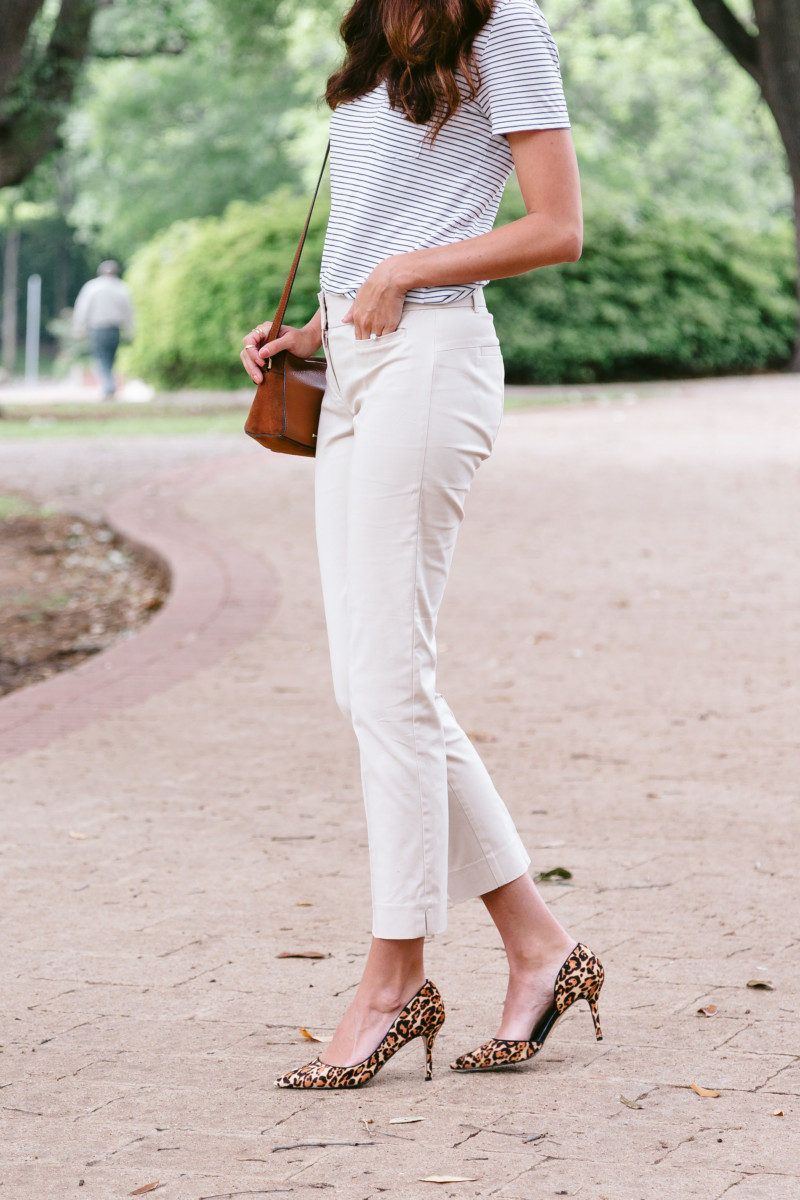 The Miller Affect wearing Devlin Fit beige work pants and leopard pumps from Ann Taylor