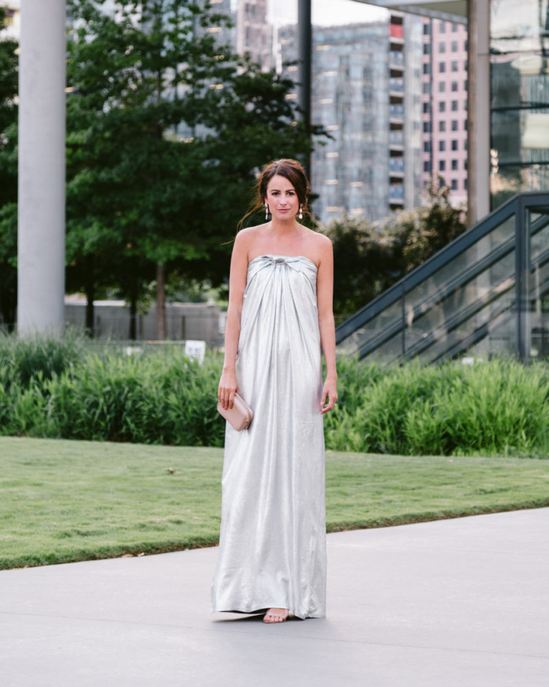 The Miller Affect wearing a long silver metallic gown from Halston Heritage