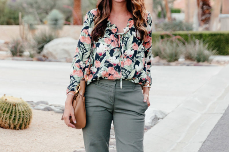 The Miller Affect wearing a tropical print ruffle top from Ann Taylor
