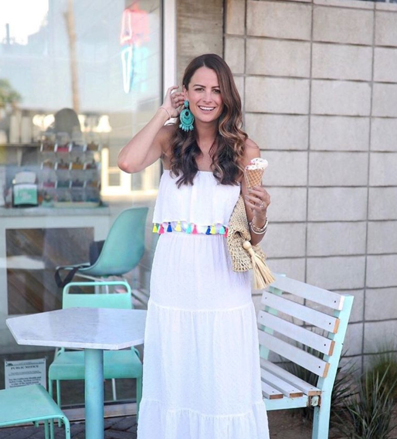The Miller Affect wearing a white maxi dress from lilly pulitzer