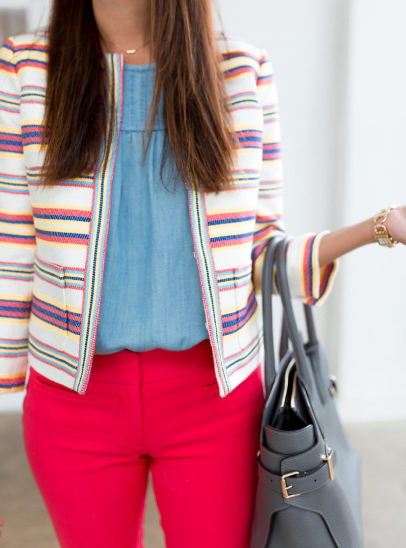 The Miller Affect wearing a white blazer from Talbots with multi color stripes