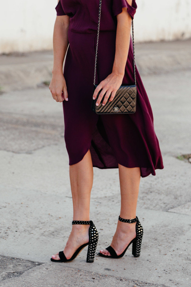 Brooke Burnett wearing a burgundy dress and black heels from the #nsale