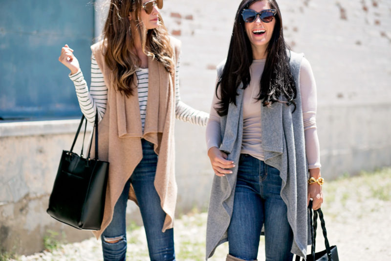 the miller affect and and friend gal about town wearing the Halogen Cashmere Waterfall drape front vest