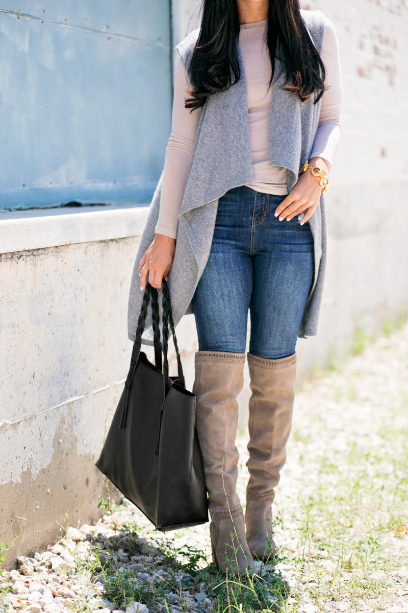 Lynlee Poston wearing taupe over the knee boots from the Nordstrom Anniversary Sale