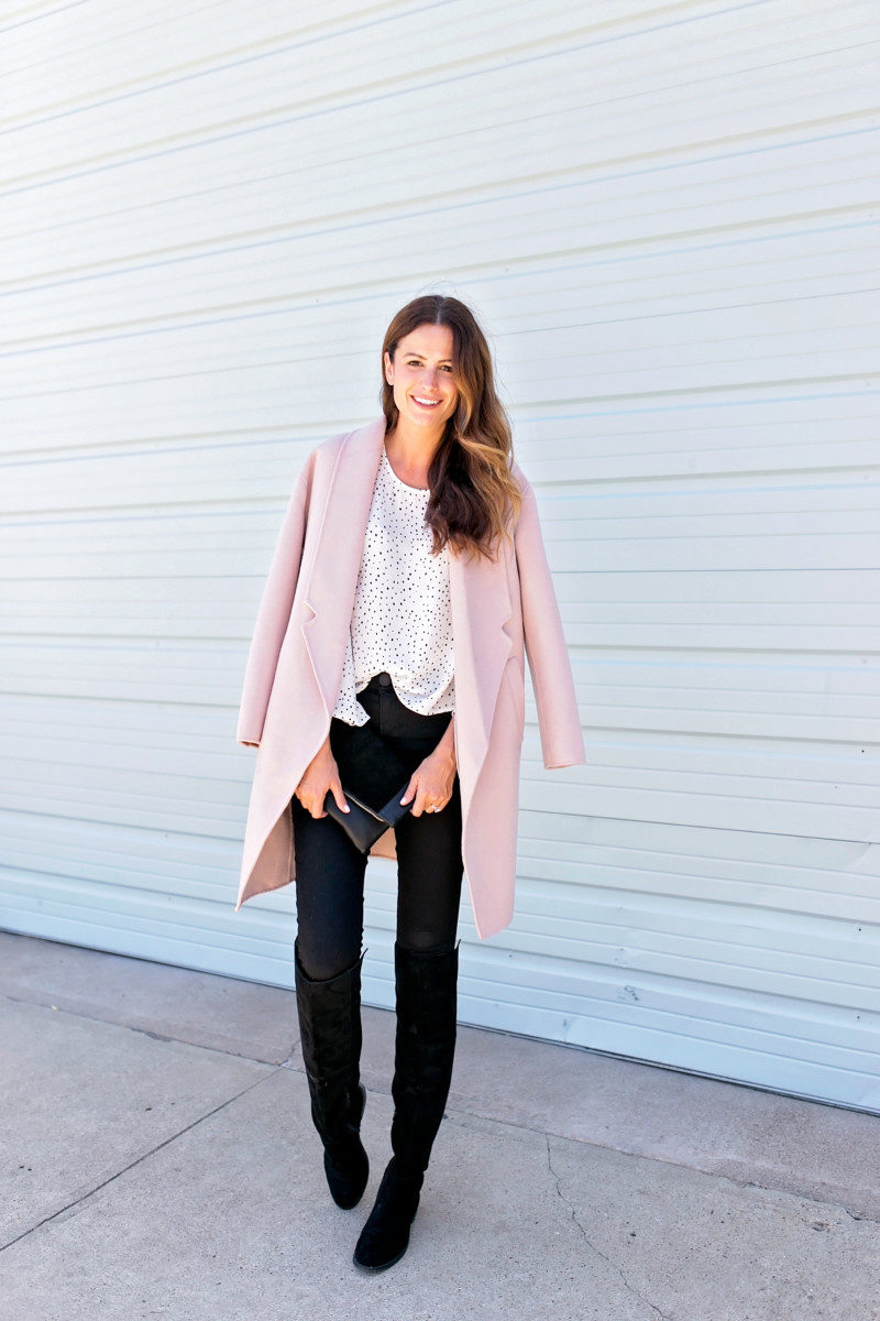 The Miller Affect wearing a blush Eliza J coat from the #NSale