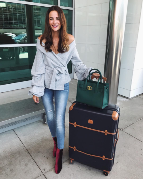 The Miller Affect travel outfit for NYFW wearing a grey puff sleeve sweater