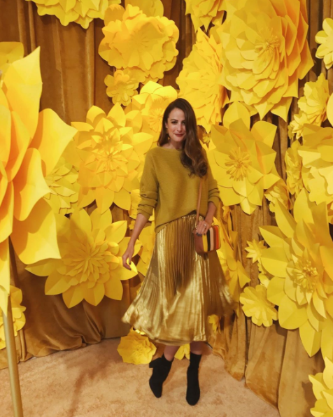 the miller affect wearing a gold pleated skirt from shopbop