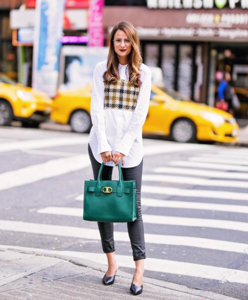 The Miller Affect wearing a Sea plaid top from Shopbop, leather pants and a green tote from Tory Burch