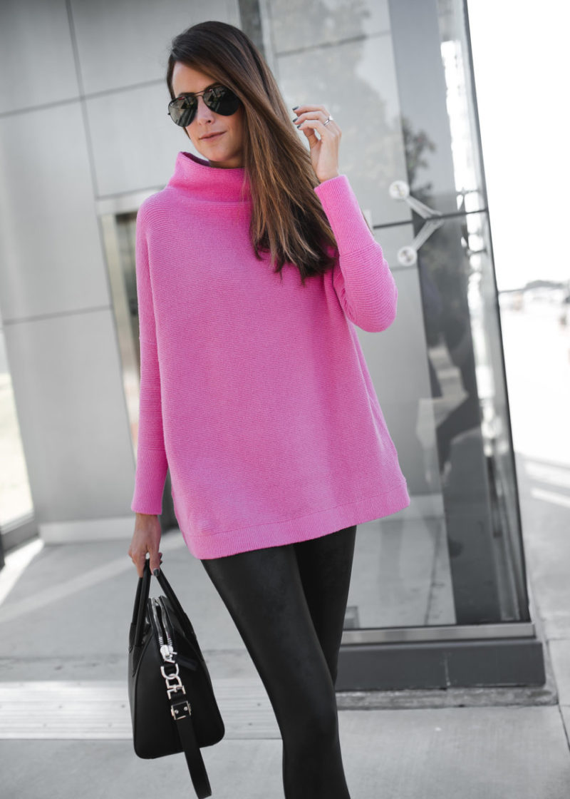 The Miller Affect wearing a mock neck free people pink sweater