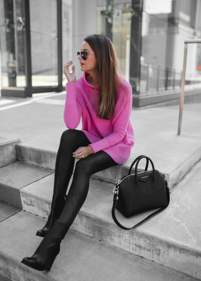 The Miller Affect wearing a pink free people sweater with black leather spanx leggings