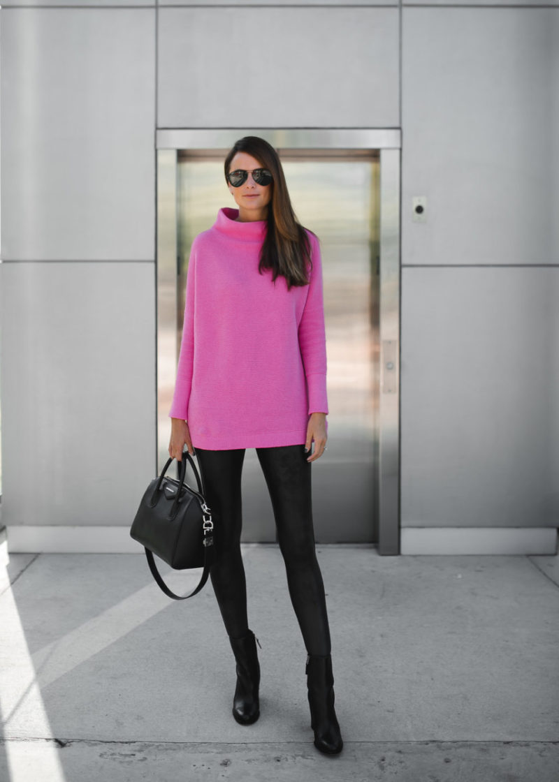 The Miller Affect wearing a pink sweater with black leather leggings