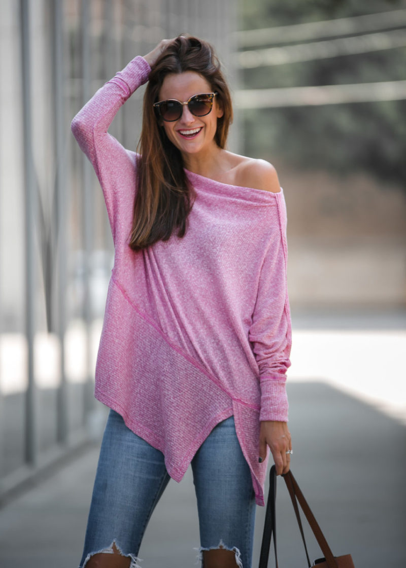 The Miller Affect wearing a free people pink thermal top from Nordstrom