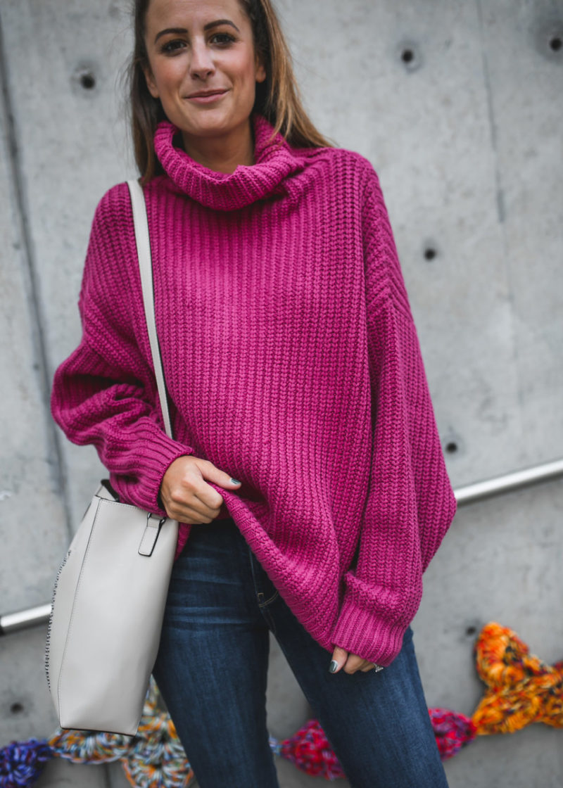 The Miller Affect wearing a chunky knit pink sweater from Shopbop