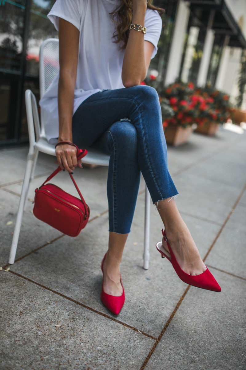 The Miller Affect wearing red sling-back sandals with pointed toes