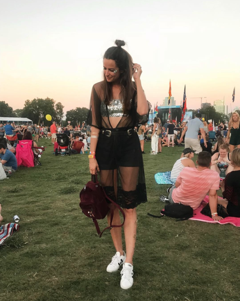 the miller affect wearing a black boohoo kimono with a sequin bralette