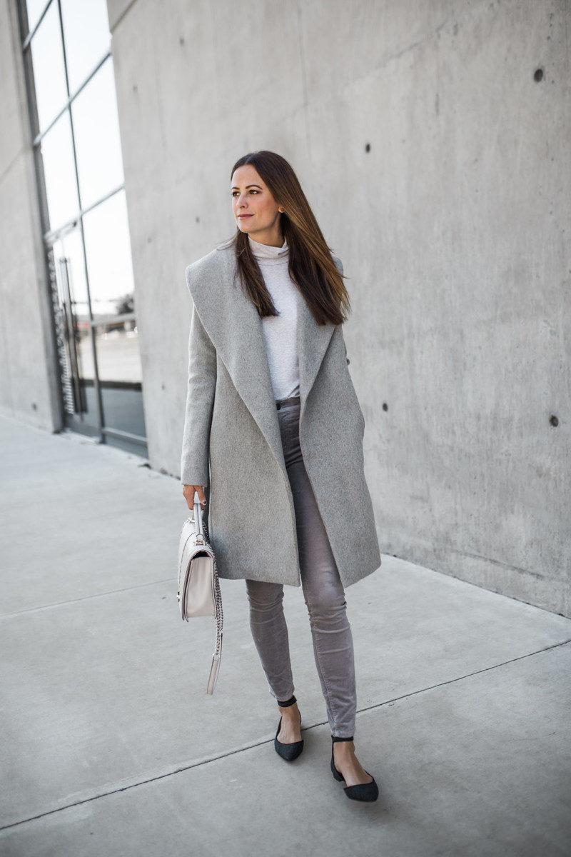 the miller affect wearing a grey shawl coat from Ann Taylor