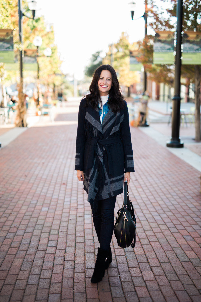 The Miller Affect wearing a VINCE CAMUTO WRAP COAT with black buckled booties