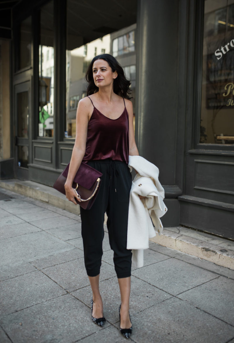 The Miller Affect wearing a wine velvet camisole