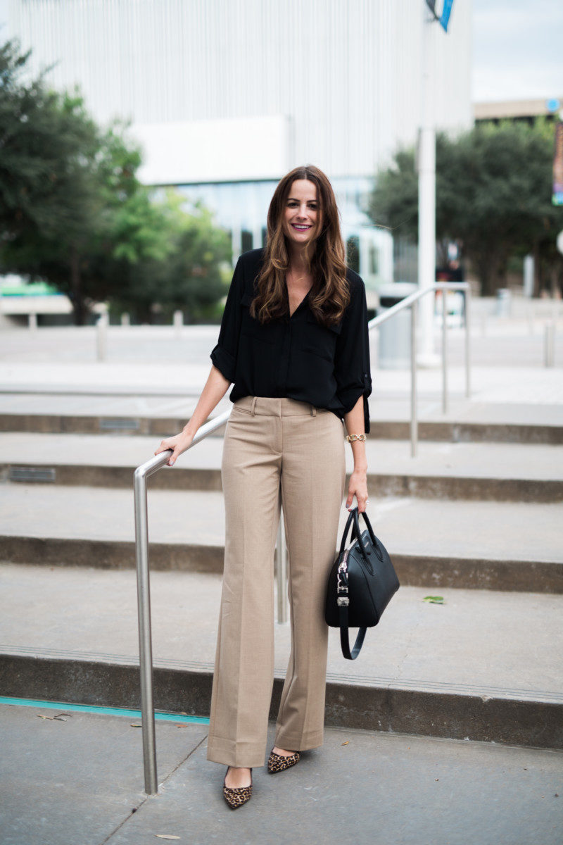 The Miller Affect wearing khaki trousers in Julie fit from LOFT