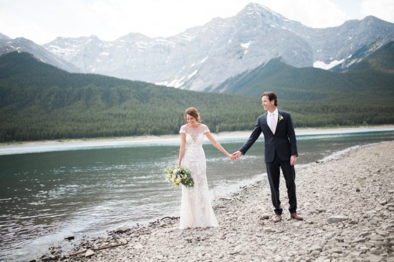 the miller affect wearing a berta wedding dress in canmore canada
