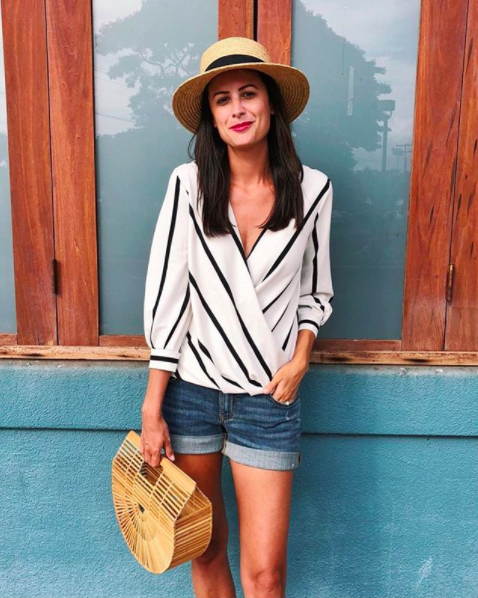 The Miller Affect wearing a striped wrap top from Banana Republic