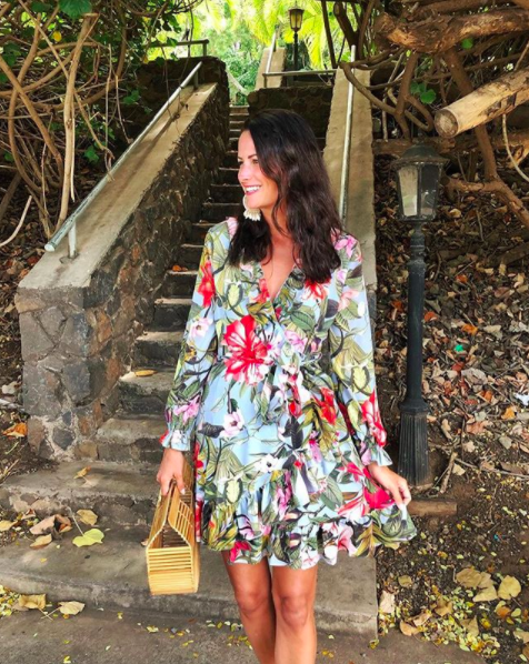 the miller affect wearing a tropical ella moon wrap dress from shopbop