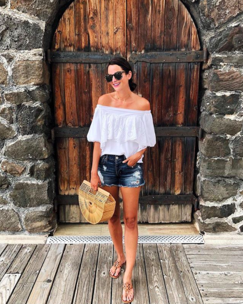 The Miller Affect wearing a white eyelet off the shoulder top from Nordstrom in Kona Hawaii