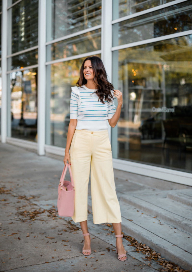 the miller affect wearing yellow marina pants from ann taylor