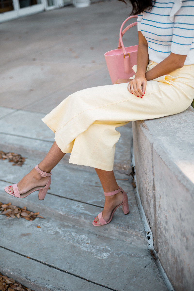 The miller affect wearing pink suede sandals from Ann Taylor
