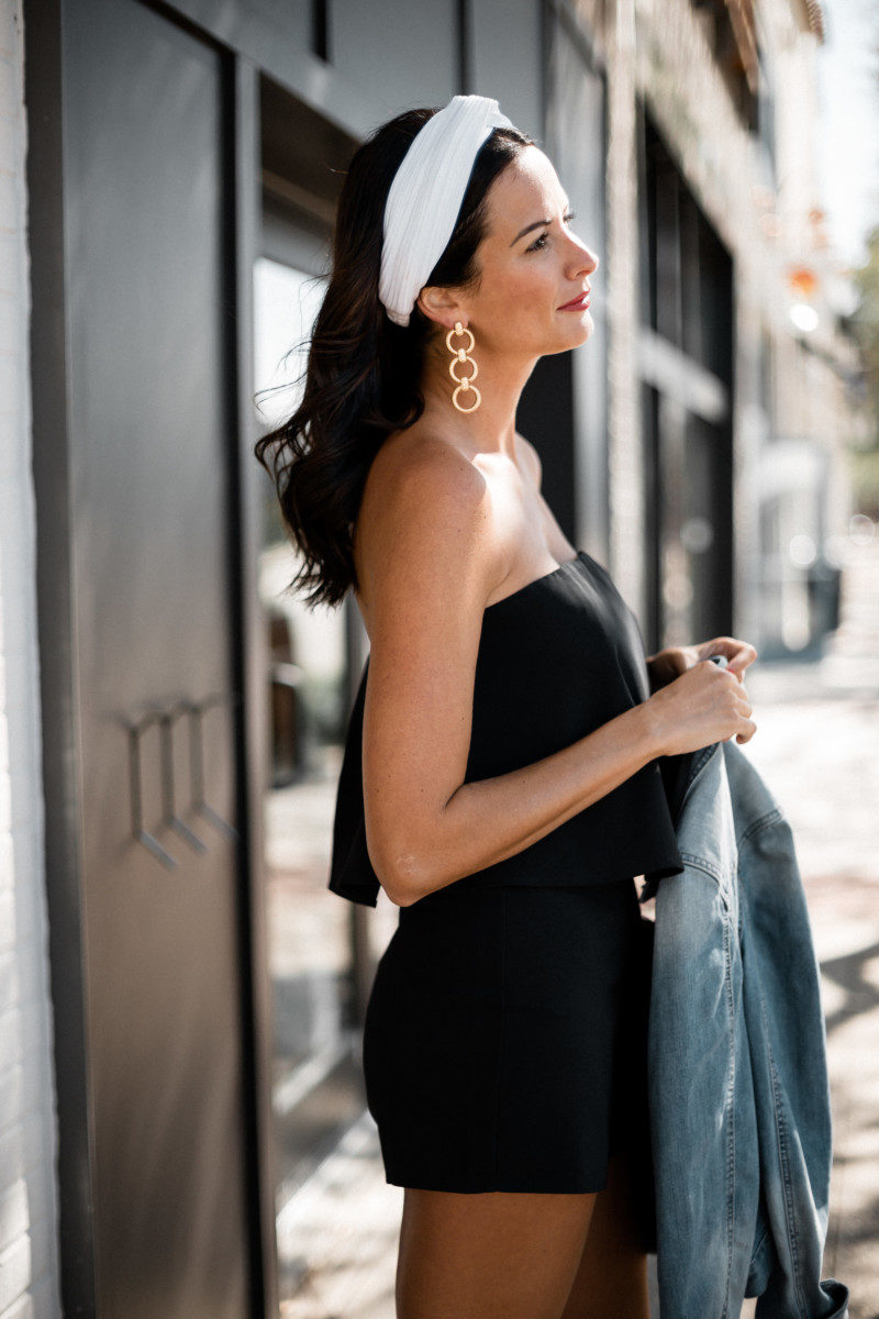the miller affect gold drop earrings and short black romper