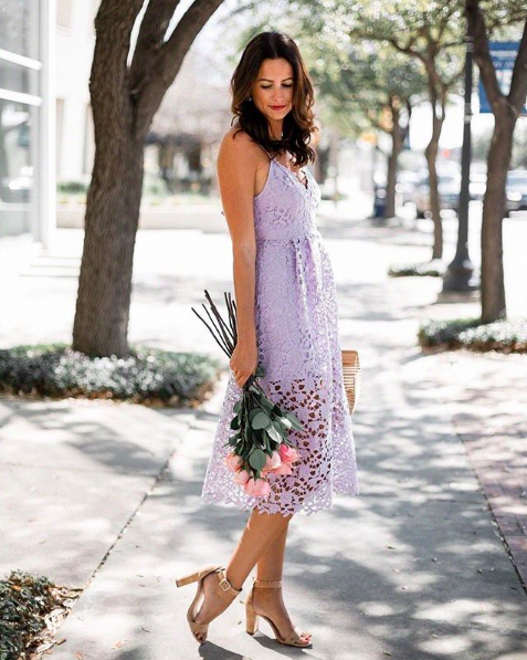 The Miller Affect wearing an astr lace lilac dress
