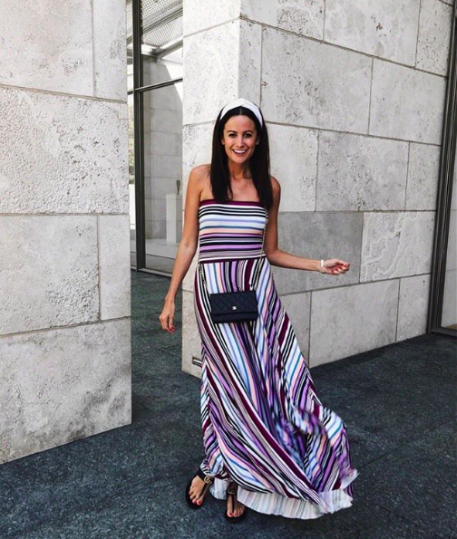 The Miller Affect wearing a striped strapless felicity & coco maxi dress