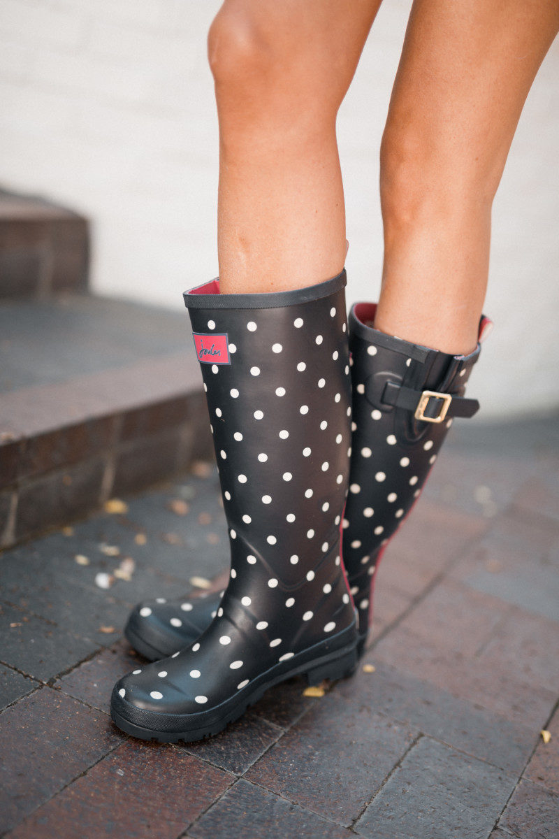 the miller affect wearing polka dot rain boots from dillards