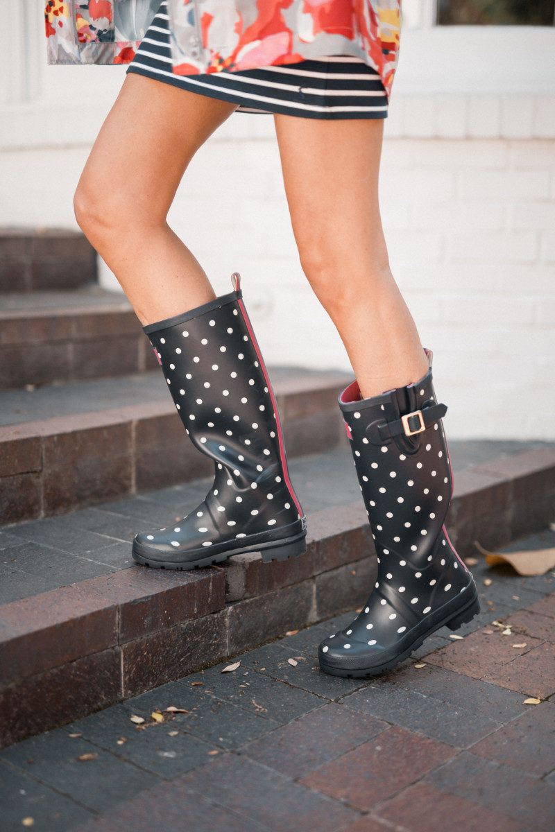 the miller affect wearing polka dot rain boots from joules clothing