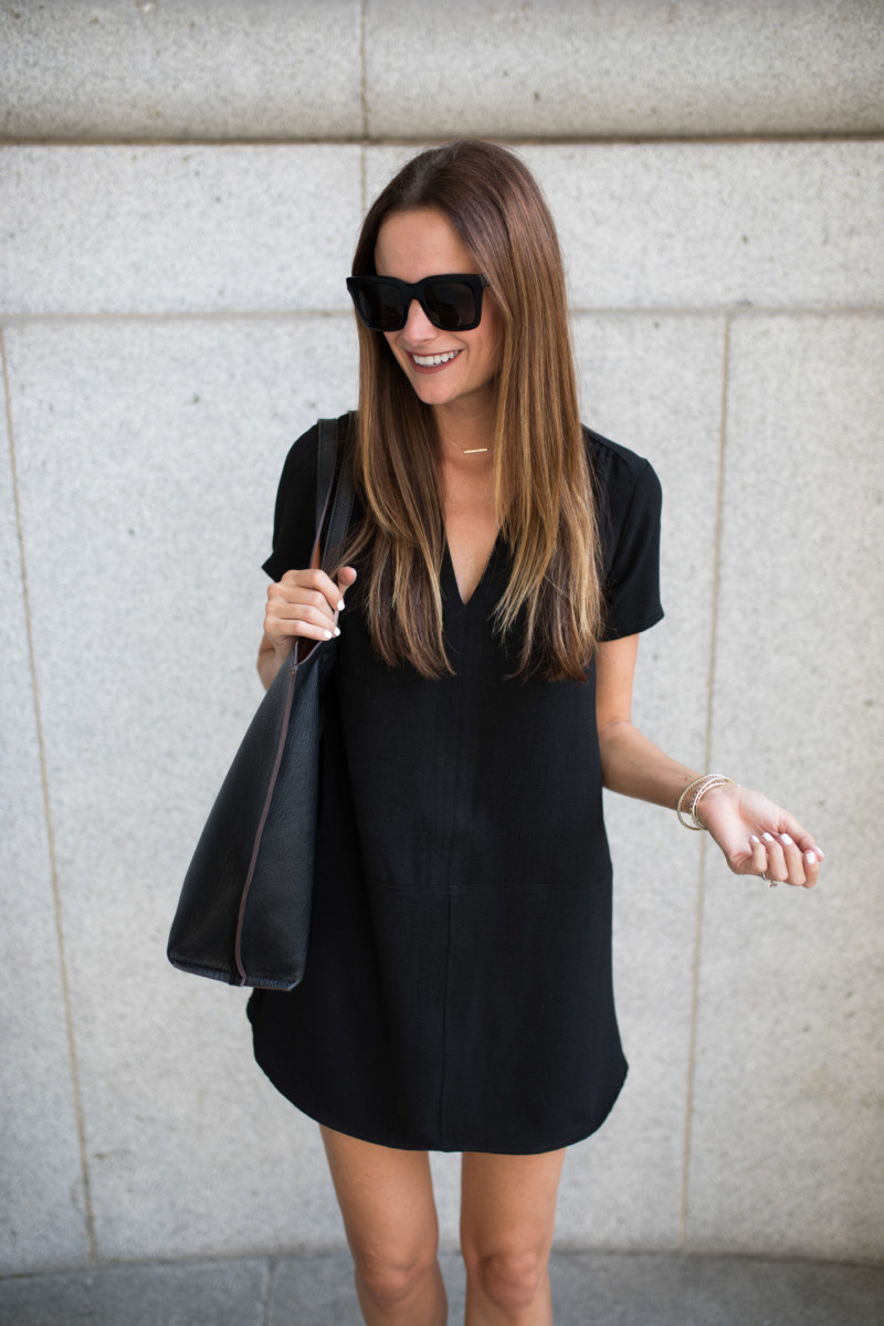 The Miller Affect wearing a black hailey crepe shift dress