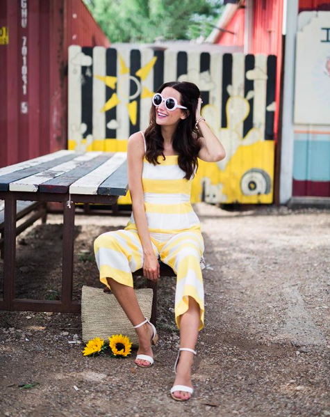 the miller affect wearing a yellow stripe jumpsuit from cece